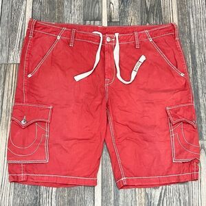 🔥🔥 Vintage TRUE RELIGION Red Cargo Shorts/ White Stitching - Men Sz 44 - EUC